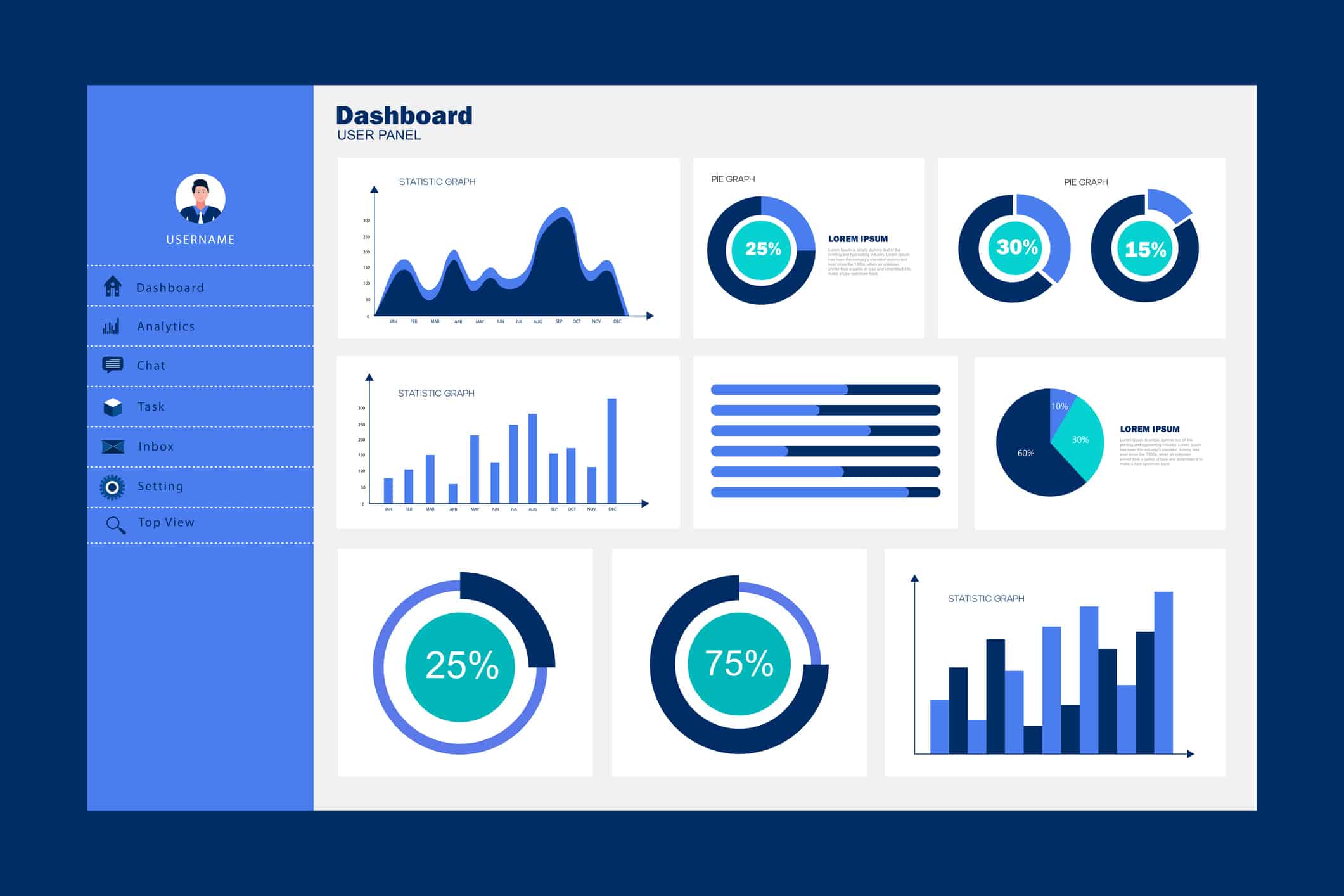 Infographic dashboard template with flat design graphs and charts. Information Graphics elements